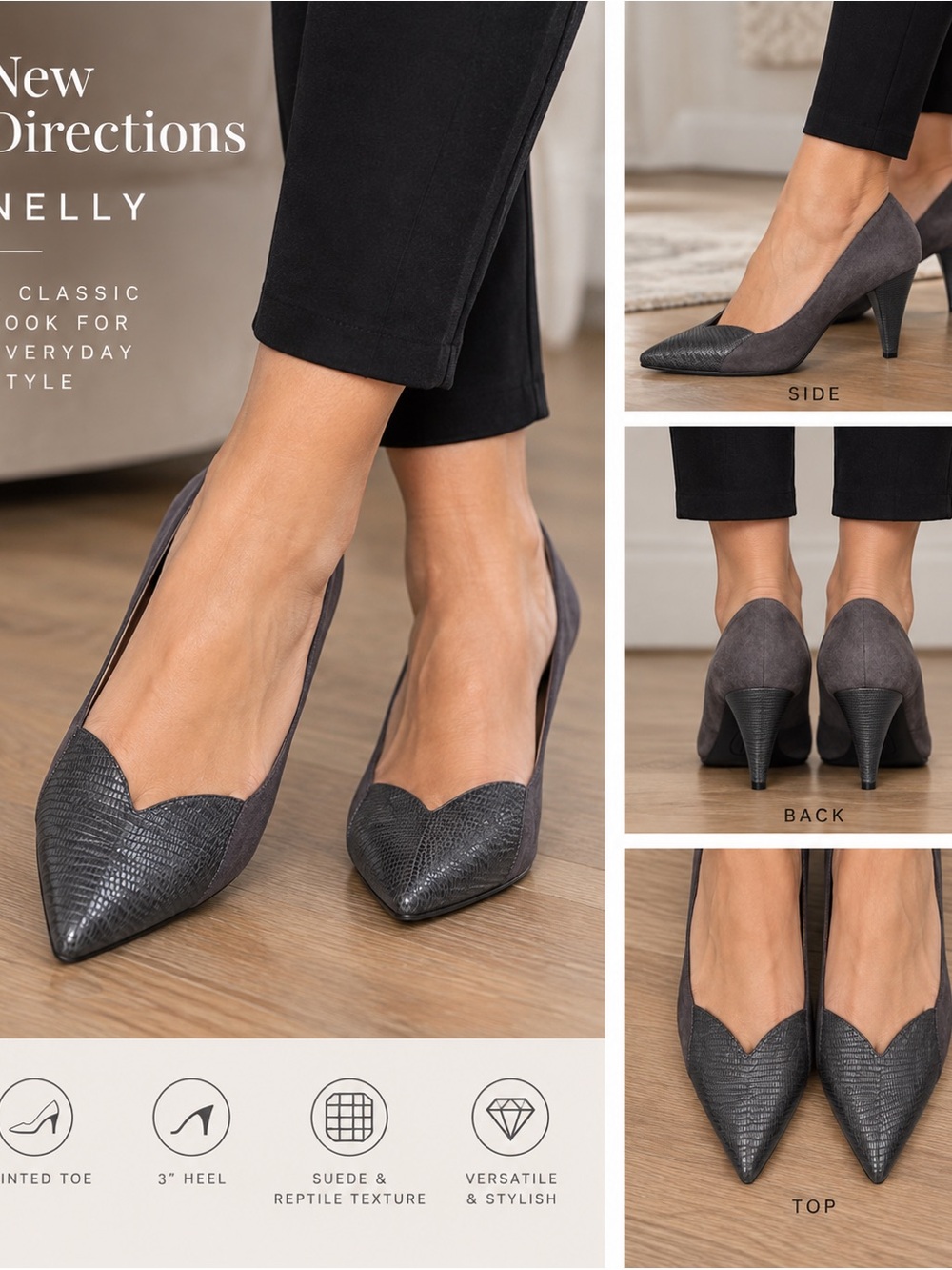 New Directions Nelly Women’s Pumps Size 8M Gray Suede Reptile Embossed Heels